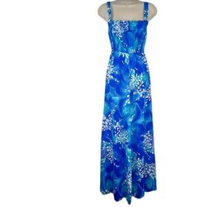 Vintage 1960s Womens Made In Hawaii Maxi Dress Blue Floral Smocked S